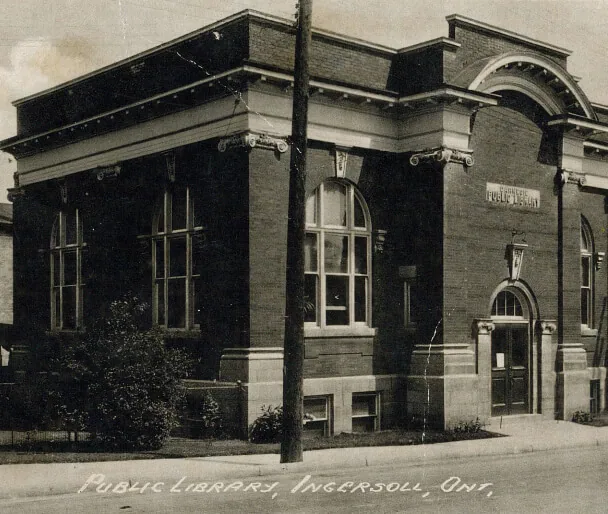 Historic photo of the building that now houses Carnegie Hall Ingersoll, originally the Ingersoll Carnegie Public Library built in 1908.